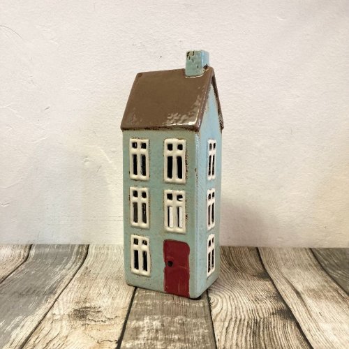 Duck egg blue house tealight with red door
